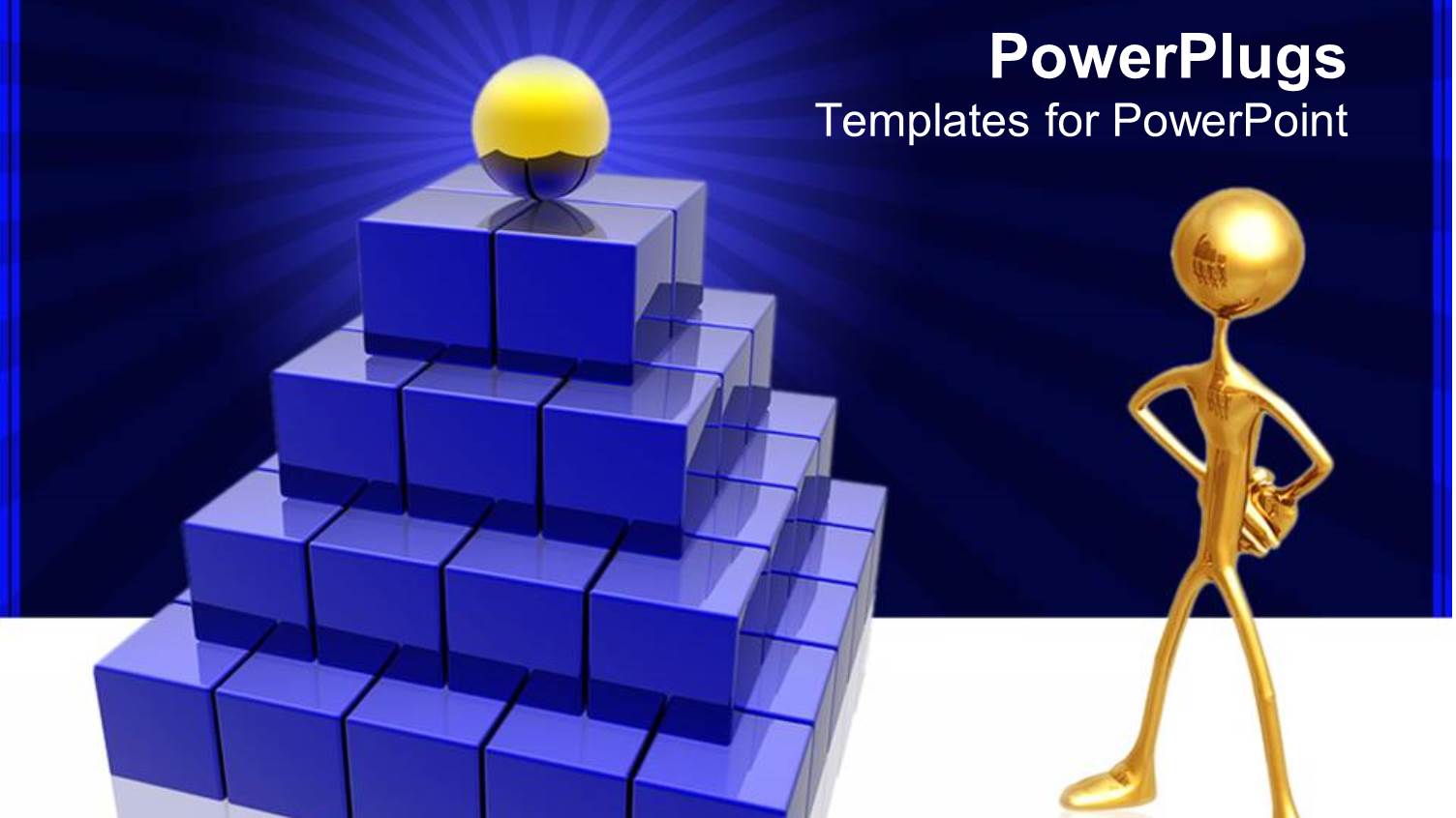 Success Metaphor with Gold Ball on Top of Blue Stair Pyramid with Gold Person Looking on