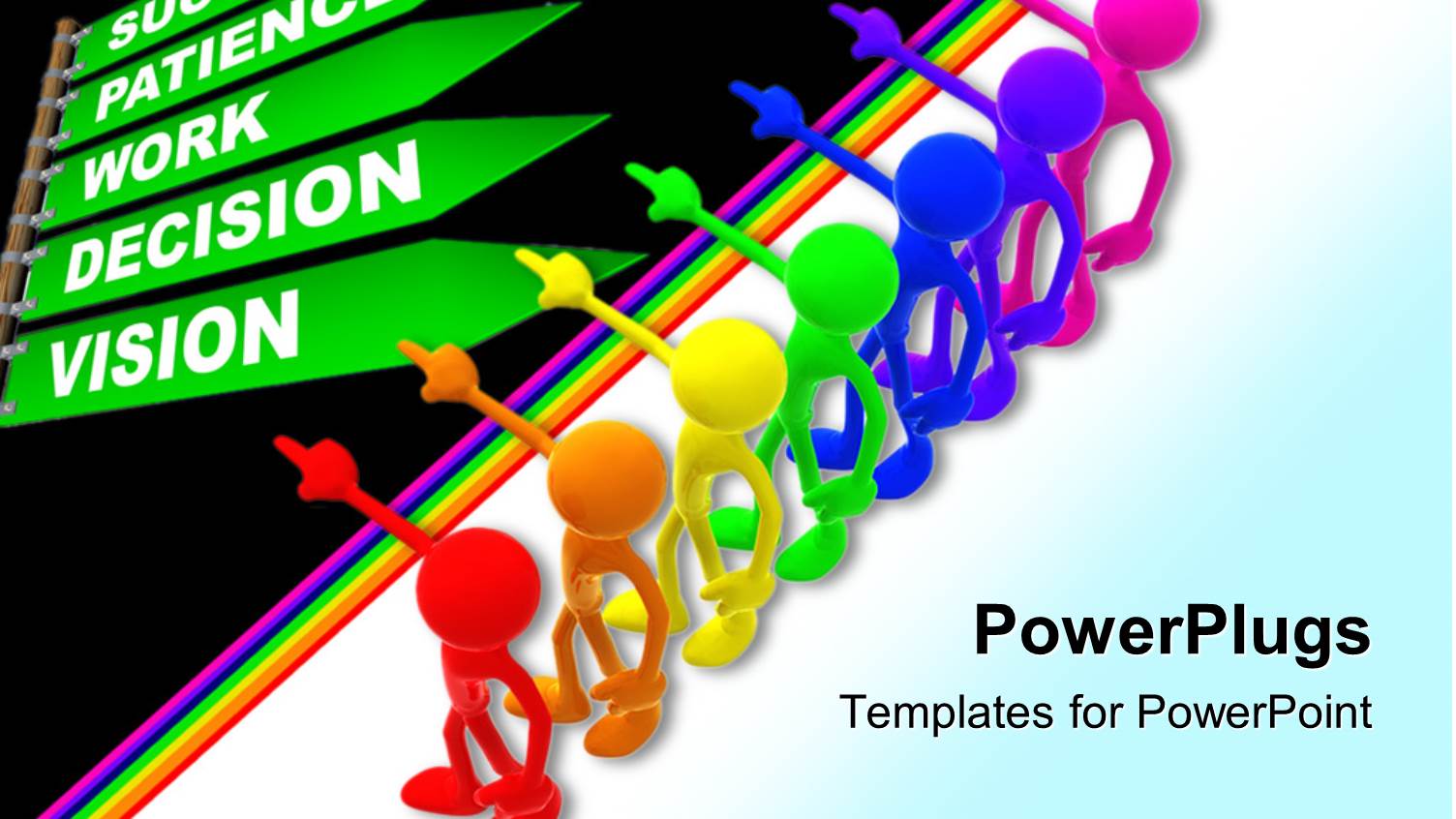 Success Metaphor with Rainbow People Pointing to Green Street Signs