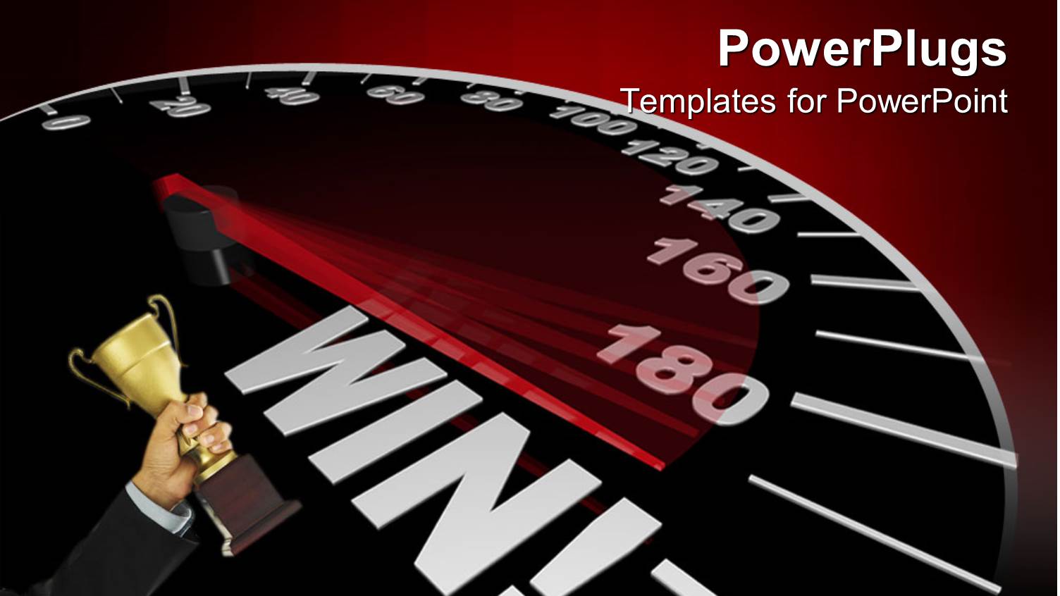 Success Metaphor with Speedometer Pointing to the World Win, Hand Holding Gold Trophy