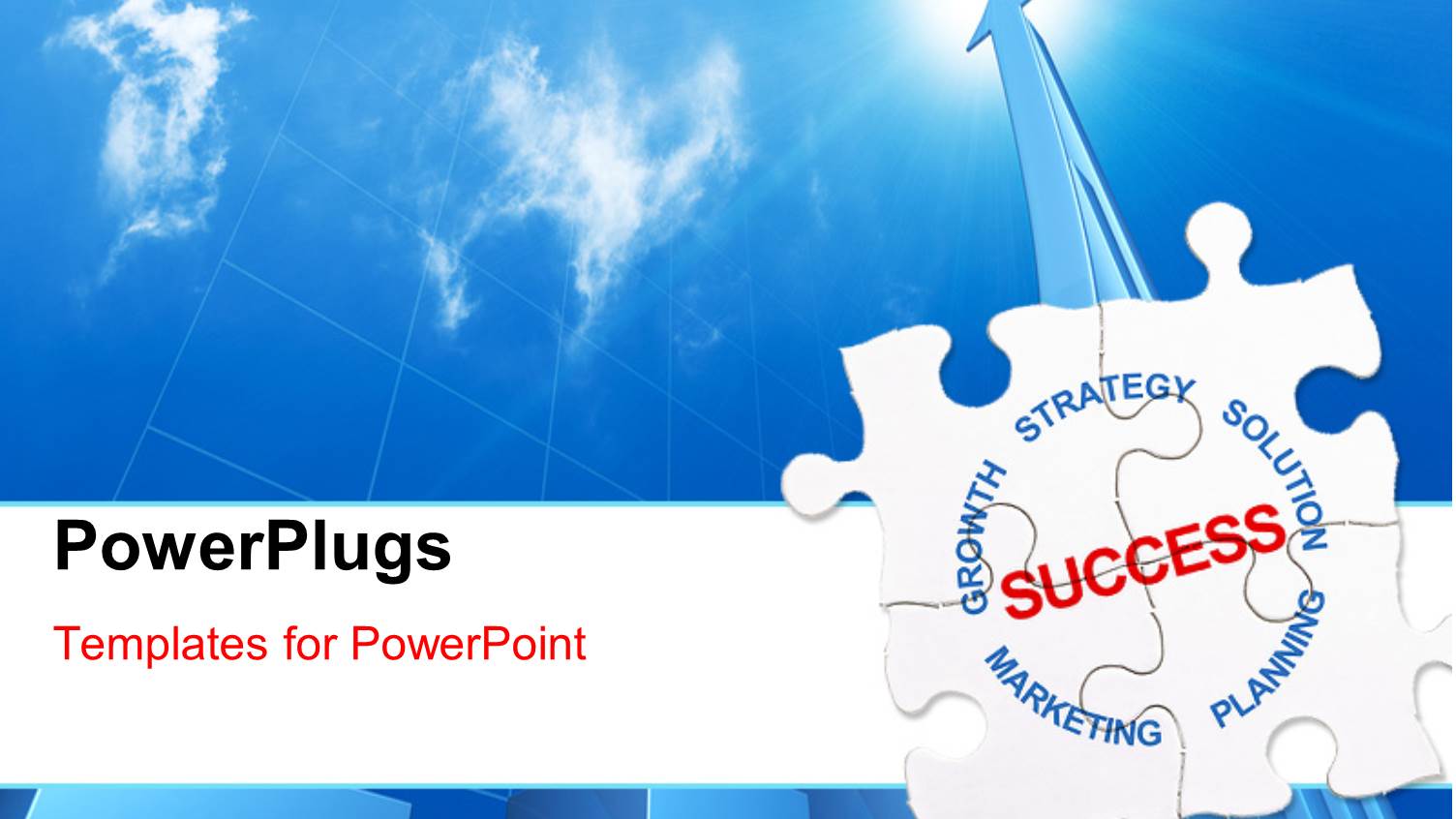 SUCCESS Puzzle with Blue Arrow Rising into Blue Cloudy Sky