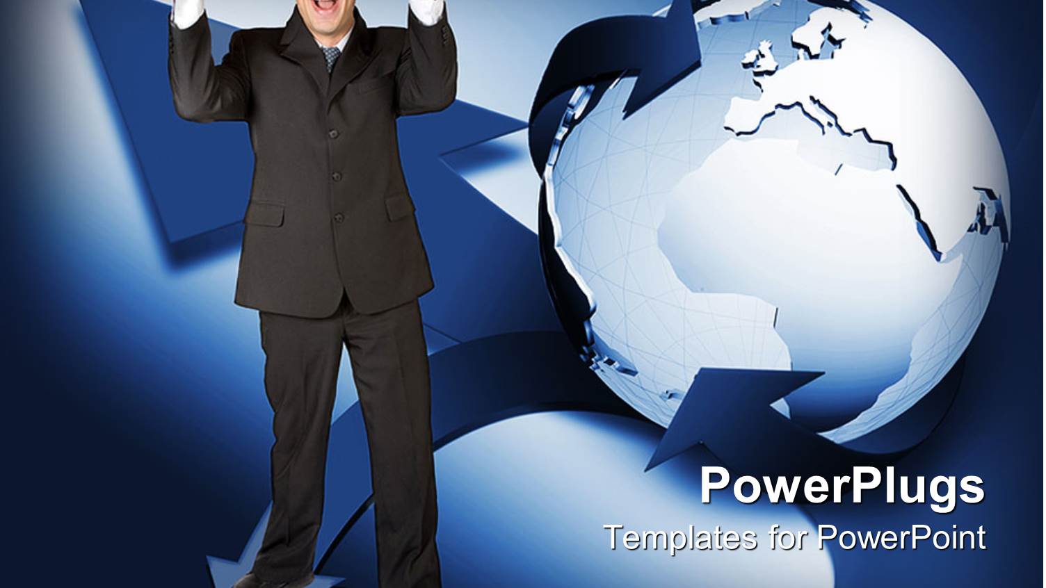 Successful Man with Hands Raised in Celebration Beside Earth Globe