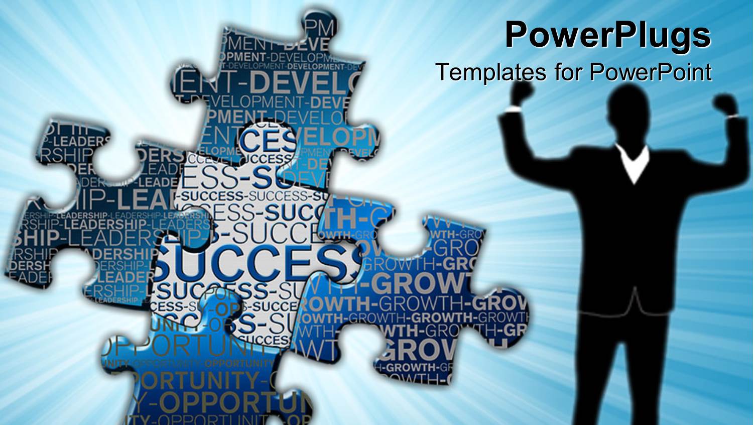 Successful Man Punching the Air with Jigsaw Puzzle Pieces and Success Texts