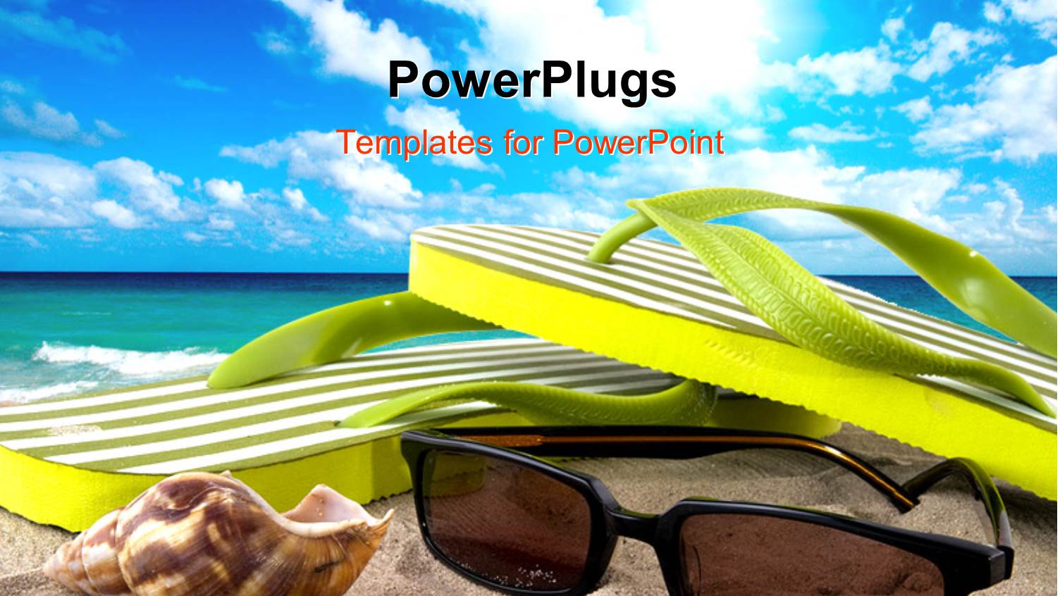 Sunglasses Flip Flops and Seashell on Beach with Ocean and Blue Sky Background