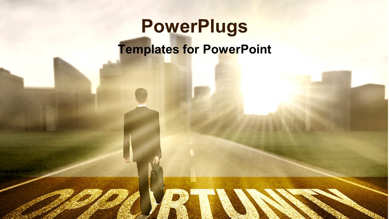 Sunrise Over City and Business Man on Road to Opportunity