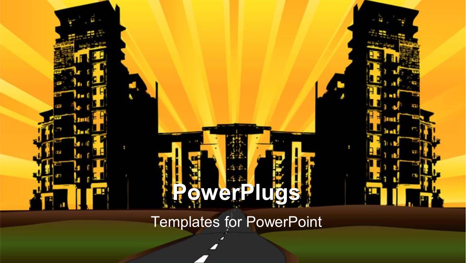 Sunrise Over Urban City with Green Lawn, Highway and Skyscrapers