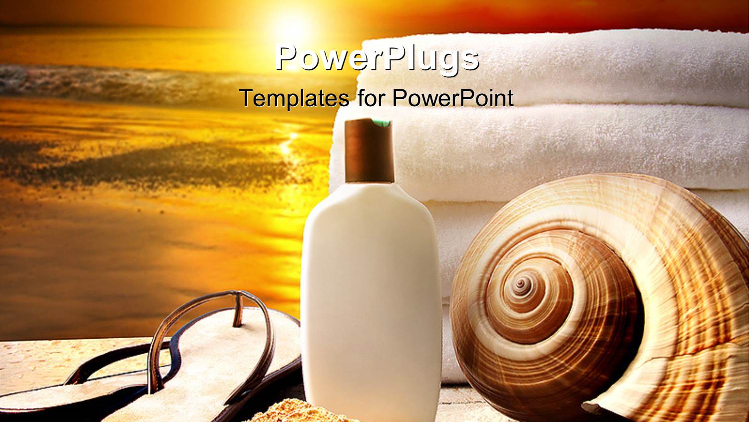 Sunset Over Sea Surface with Towel, Cream and Oyster Shell on Beach