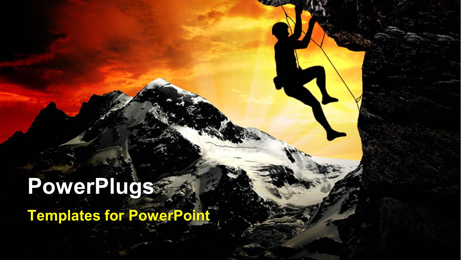 Sunset Over Snow Filled Mountain with Explorer Climbing Rock