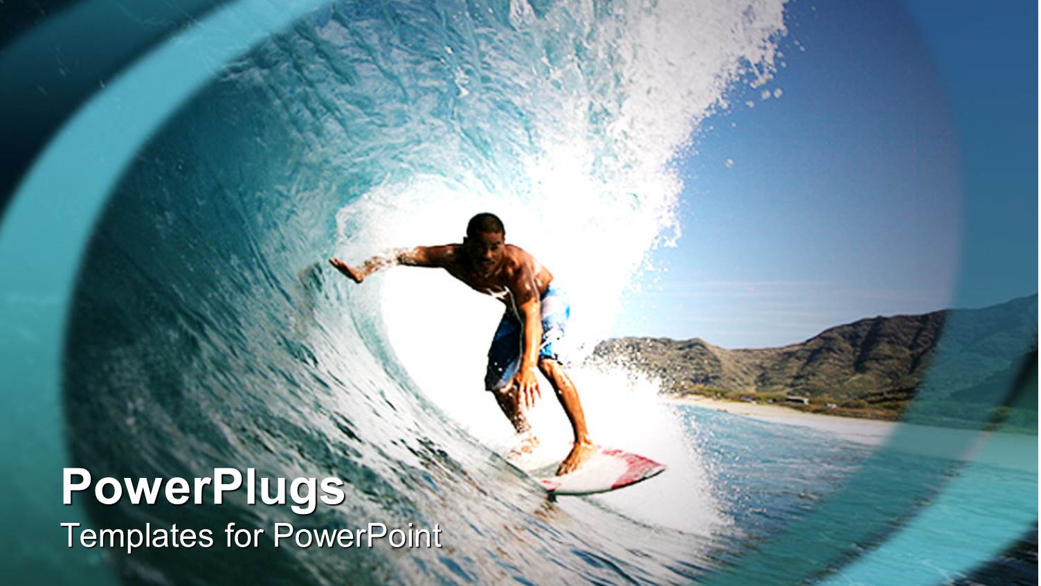 Surfer Riding a Wave, Blue Sky, Mountains