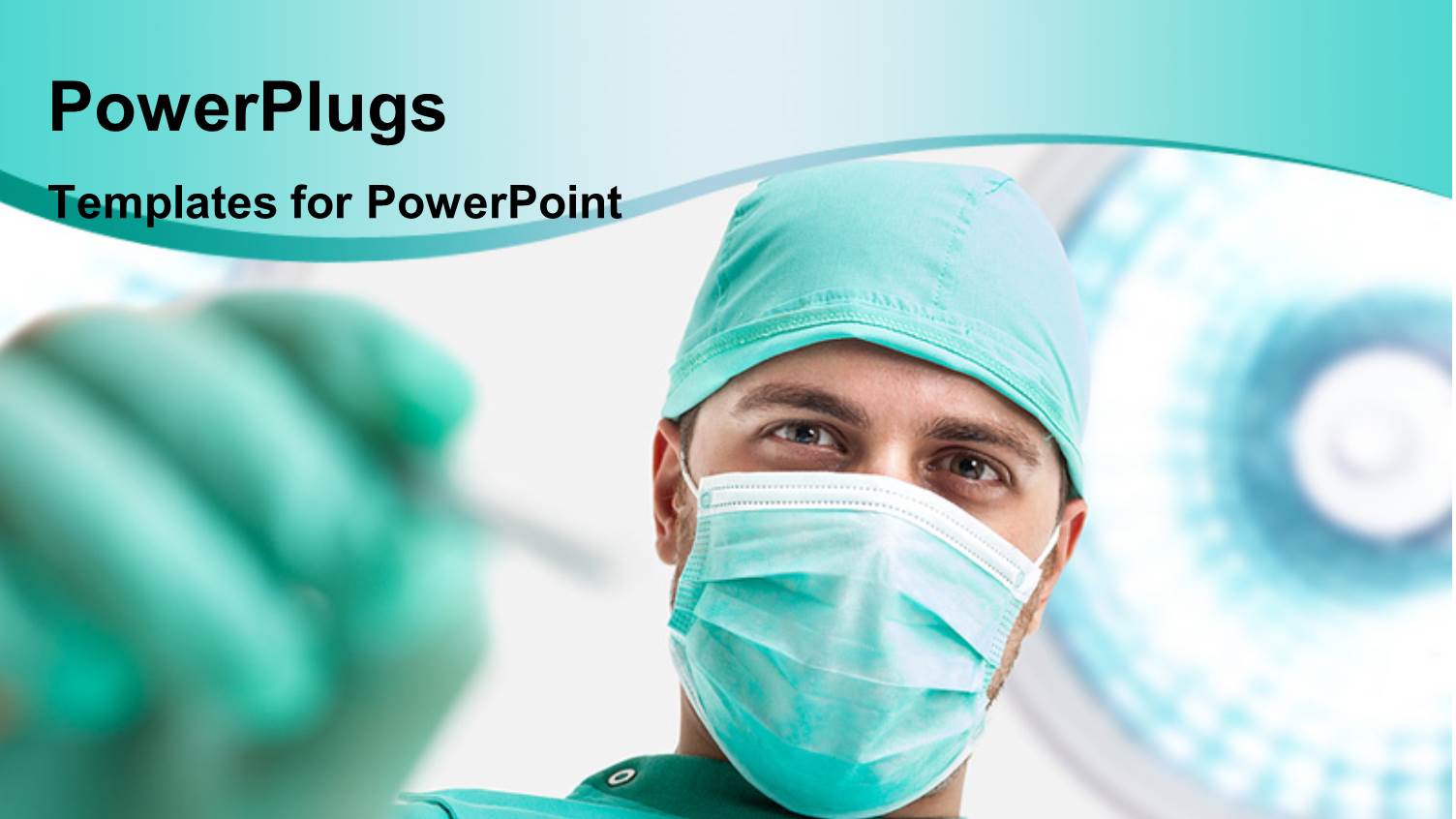 Surgeon at Work in Green Apron with Lights in Background