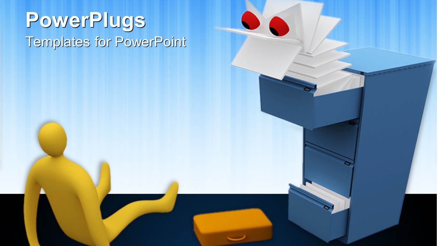 Surprised Yellow Figure Sitting on Floor Next to Dropped Briefcase Looking at Paper Monster Emerging from File Cabinet