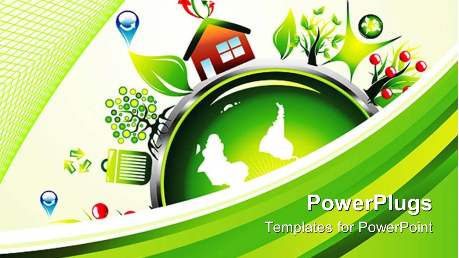 Symbols of Recycling and Environmentalist Around a Globe on a Green and White Background