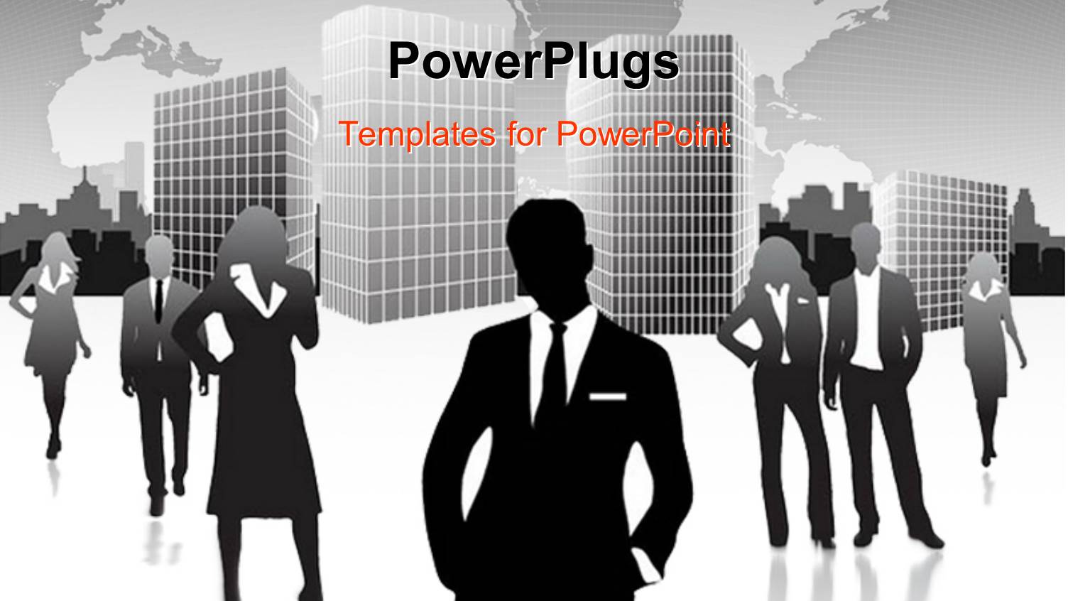 Tall Office Buildings Over World Map with Business Professionals Standing by