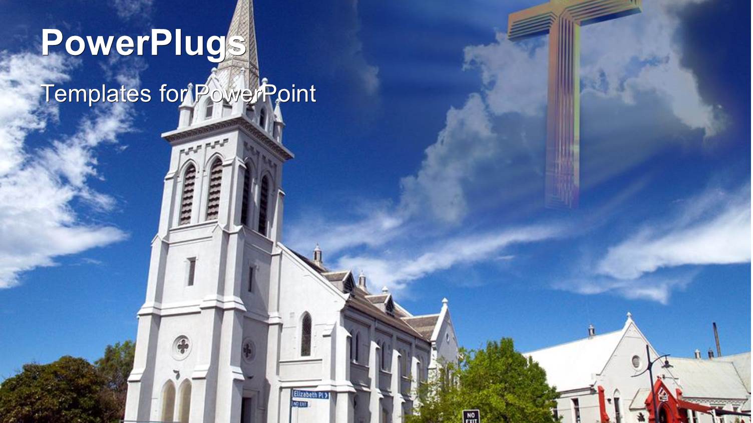 Tall White Church Building with Cross in the Sky