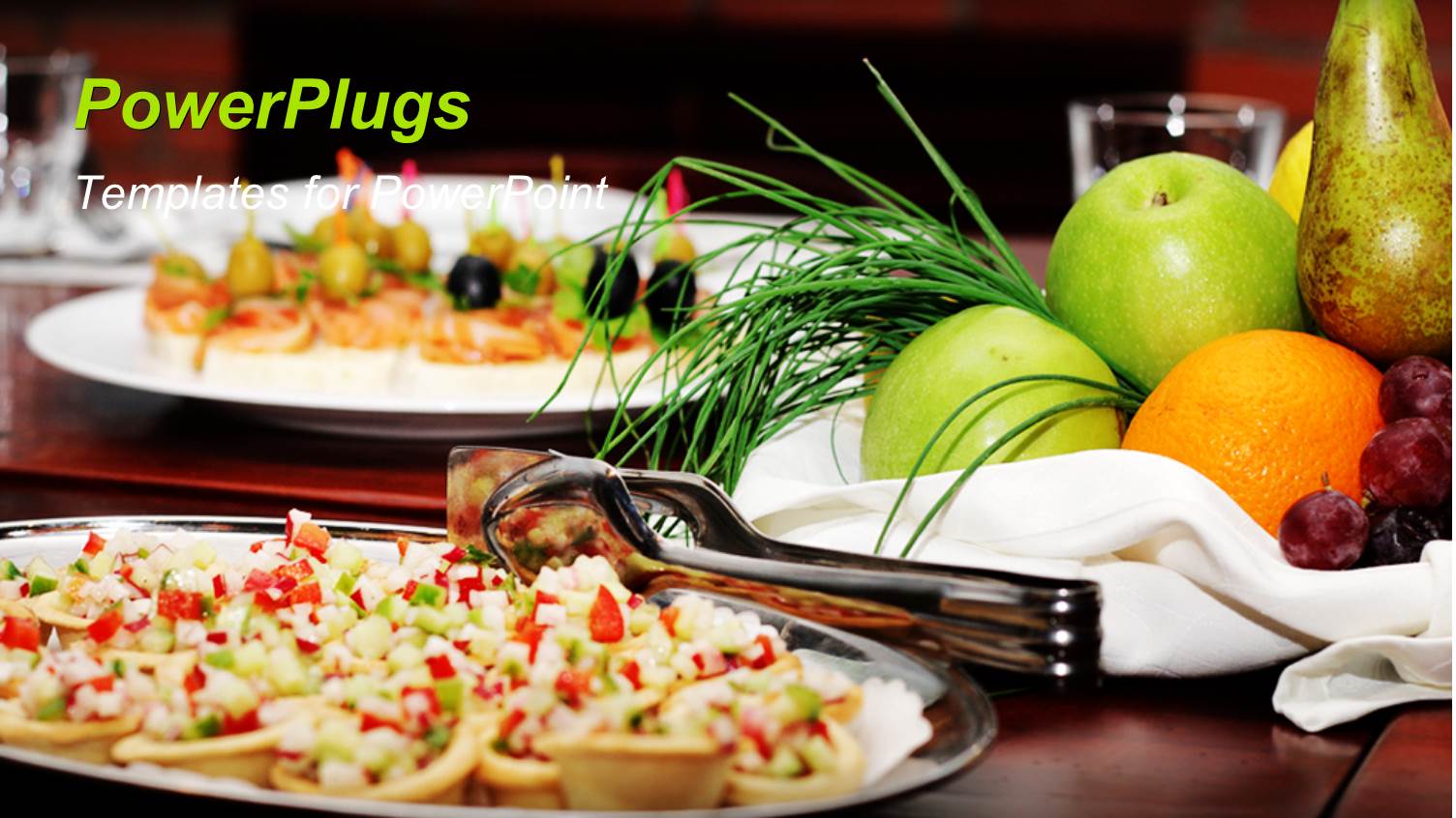 Tartlets Salads and Fruit Basket with Apple Orange Pear Grapes and Juice