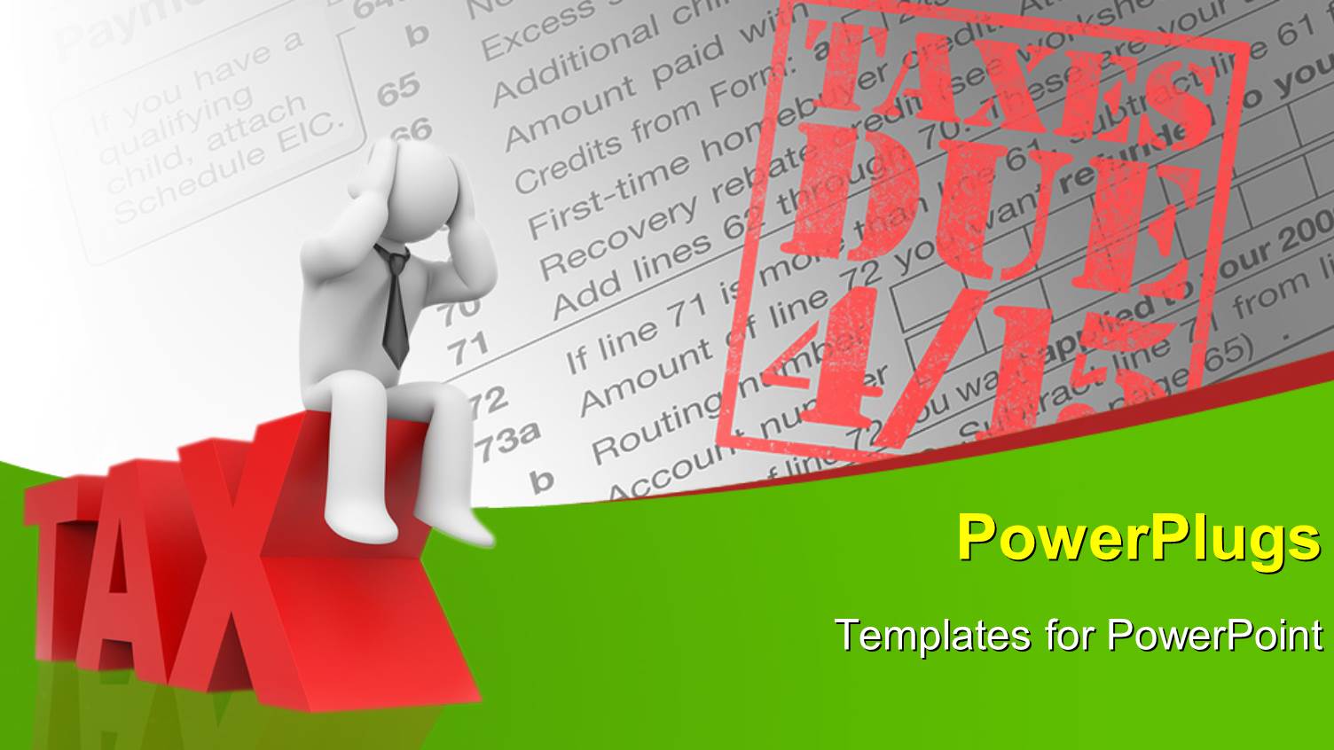 3D Man Sits on 3D TAX with TAXES DUE Stamp on Document