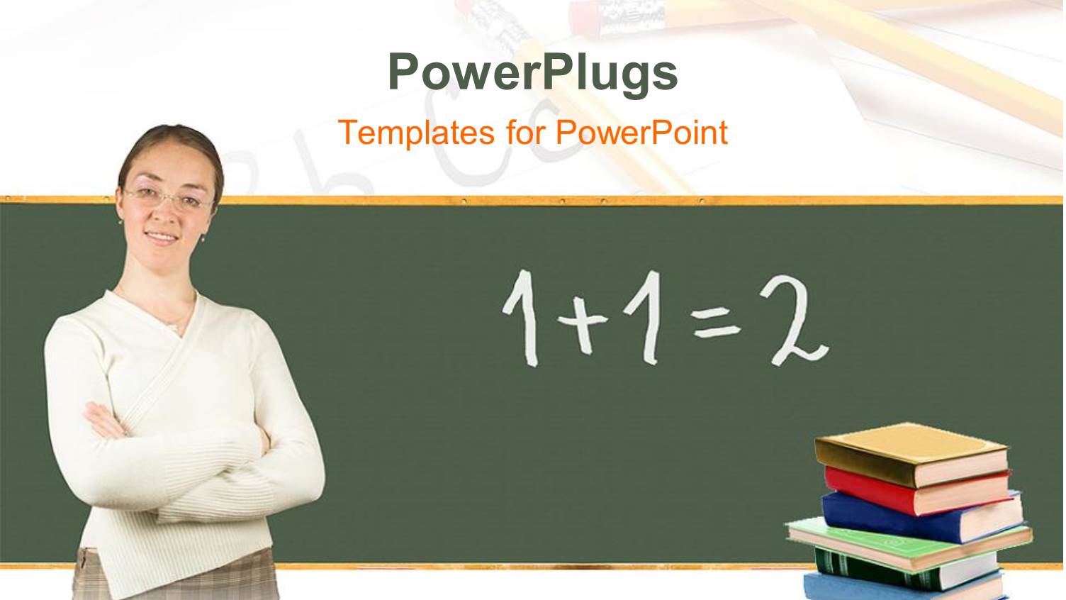 Teacher in Front of Blackboard with Stack of Books