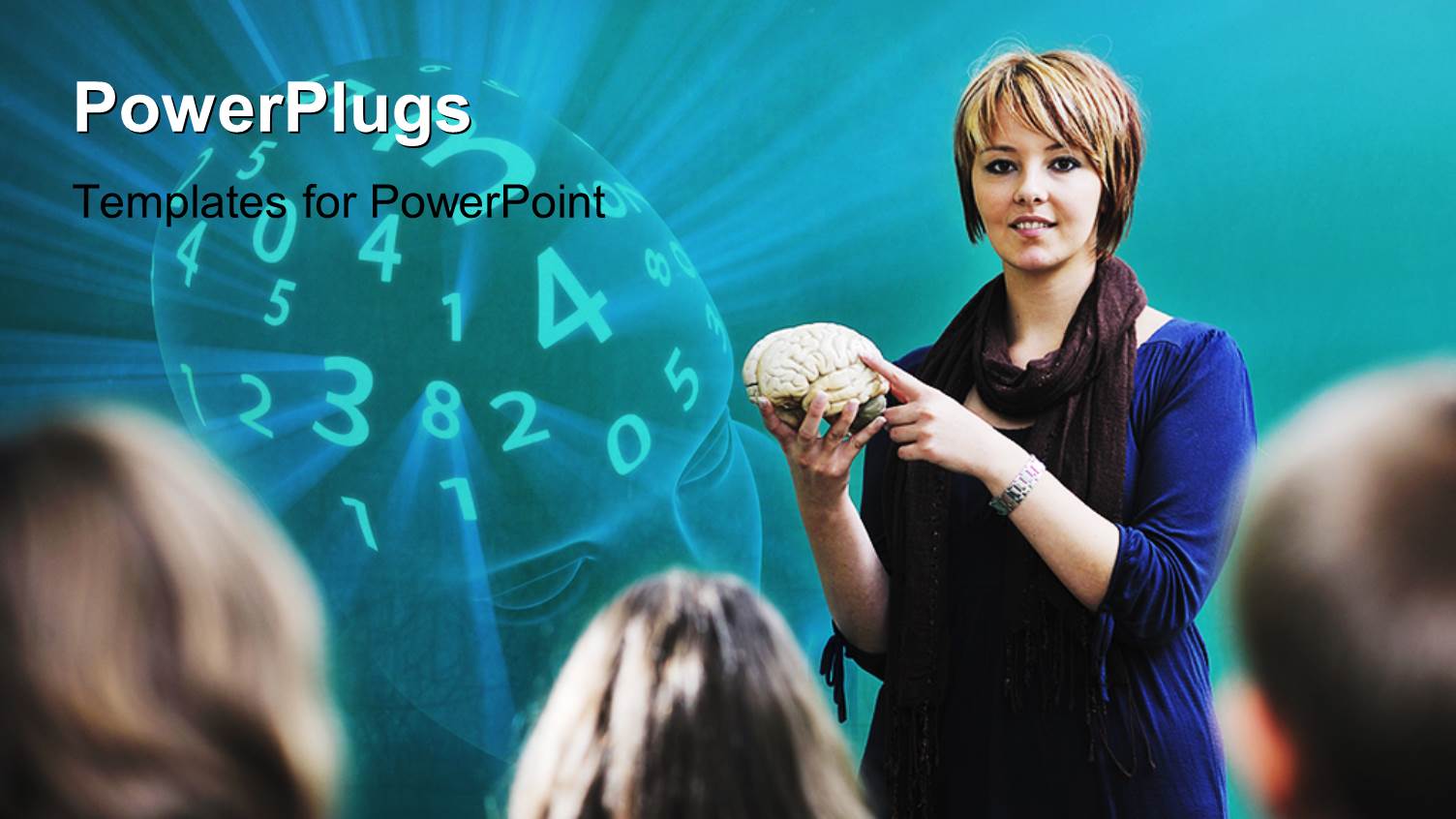 Teacher Holding Model of Brain, Head Full of Numbers