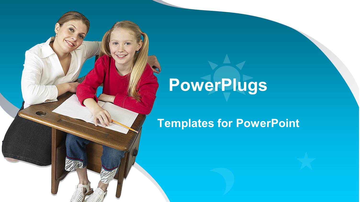 Teacher Kneeling Beside a Pupil Both Smiling on  White and Blue Background