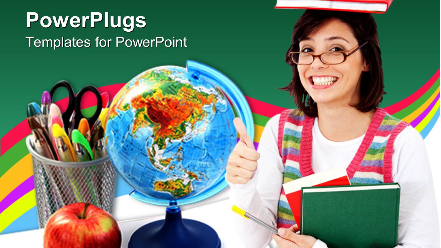 a Teacher Smiling with Educational Materials, and an Earth Globe