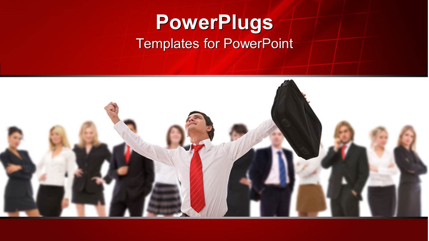 Team of Business People with Happy Business Man Holding Suitcase in Raised Hand