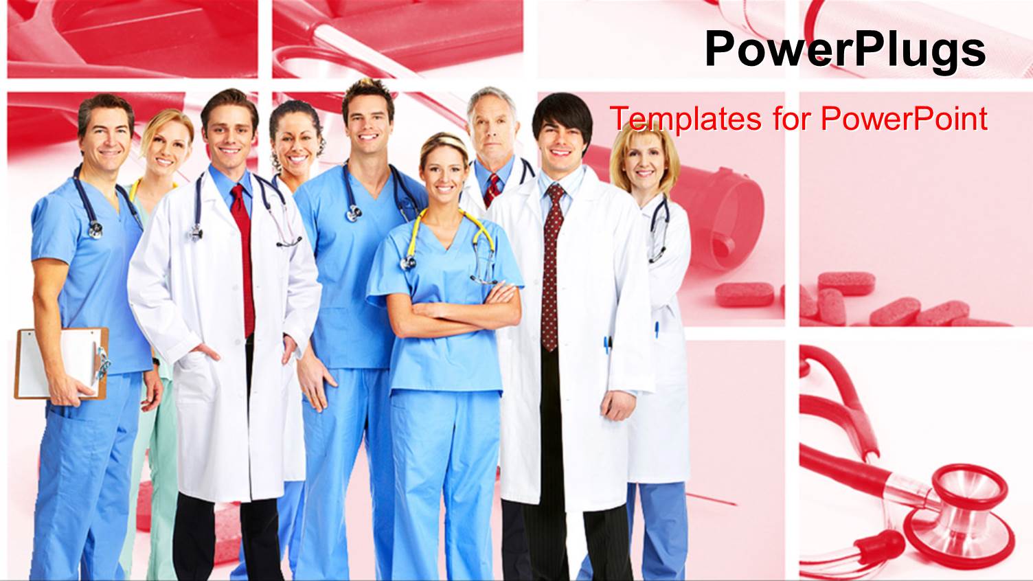 Team of Doctors and Nurses Wearing Stethoscopes and Smiling at the Camera