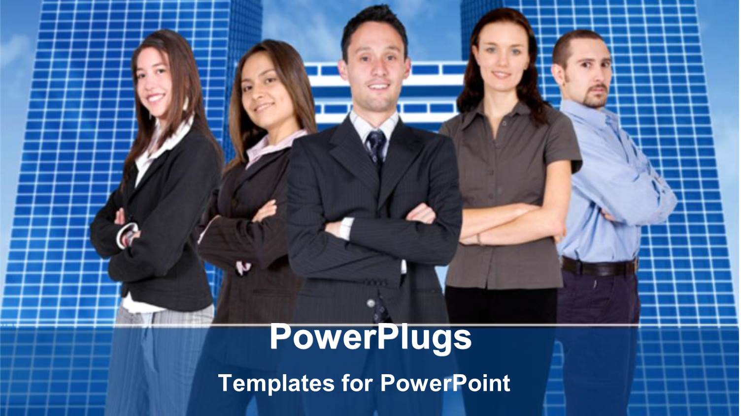 Team of Five Business People, Three Women and Two Men with Crossed Arms Standing in Front of Office Buildings