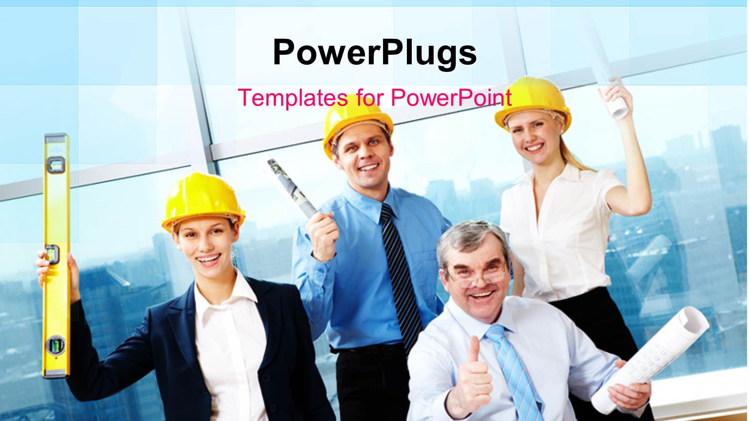 Team of Happy Architects with Building Plan and Construction Equipments