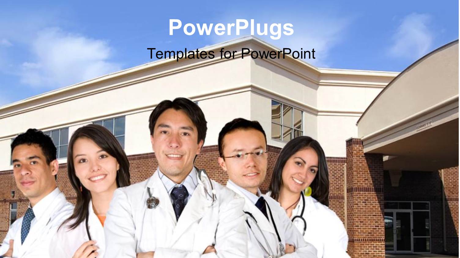 Team of Medical Doctors with Stethoscope across Neck with Hospital Building