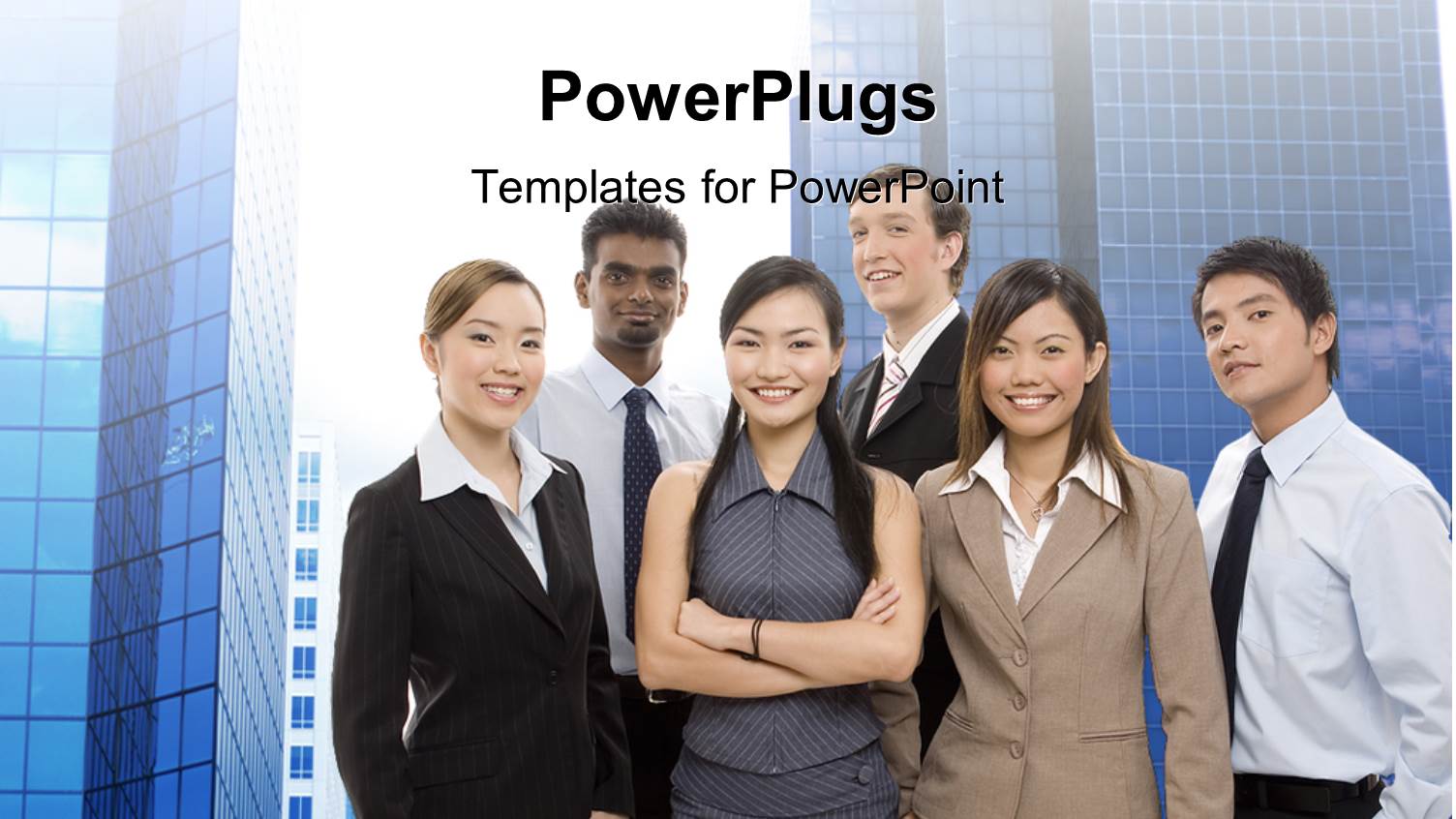 Team of Professionals with Members from Different Races Over Office Buildings