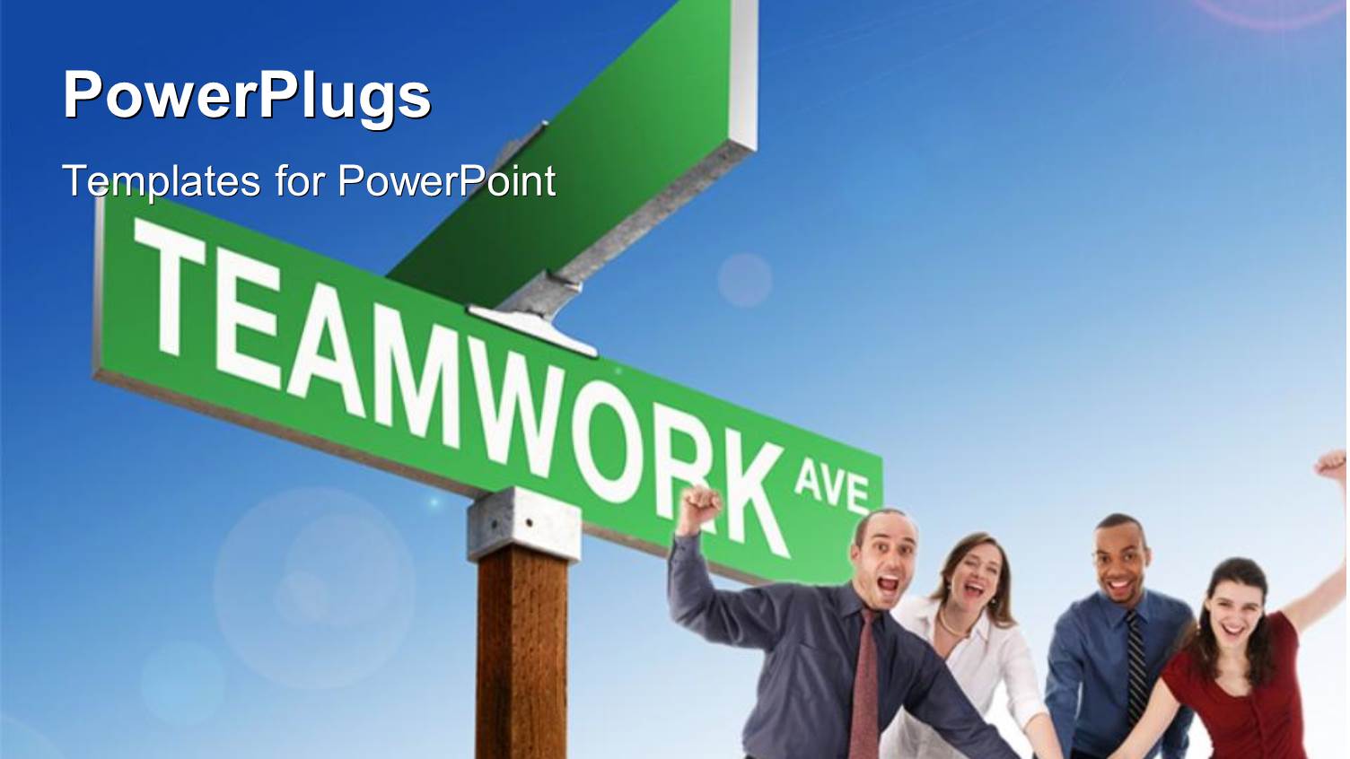 Team Put Hands Together with Green TEAMWORK Signpost Over Blue Sky