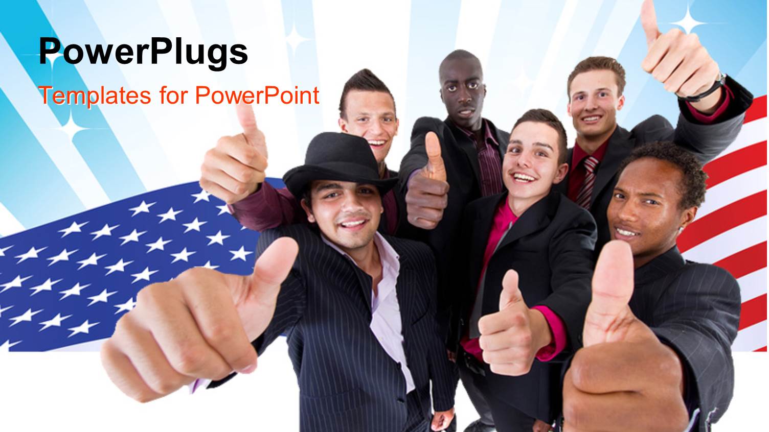 Team of Young Interracial People Showing Thumbs Up Over American Flag