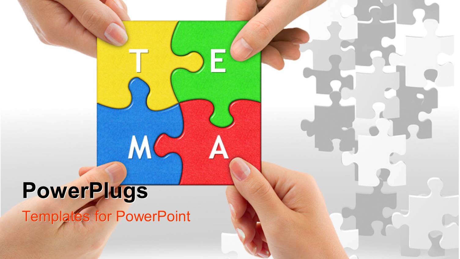 Teamwork Depiction with Hands Holding Colored Teamwork Puzzle Pieces Together