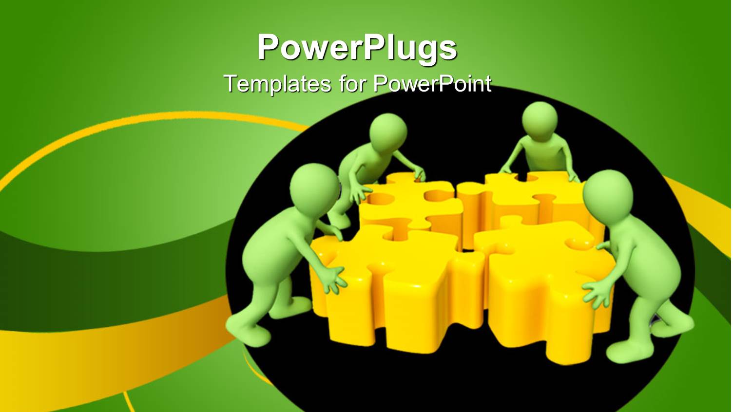 Teamwork Metaphor with Green People Assembling Yellow Puzzle