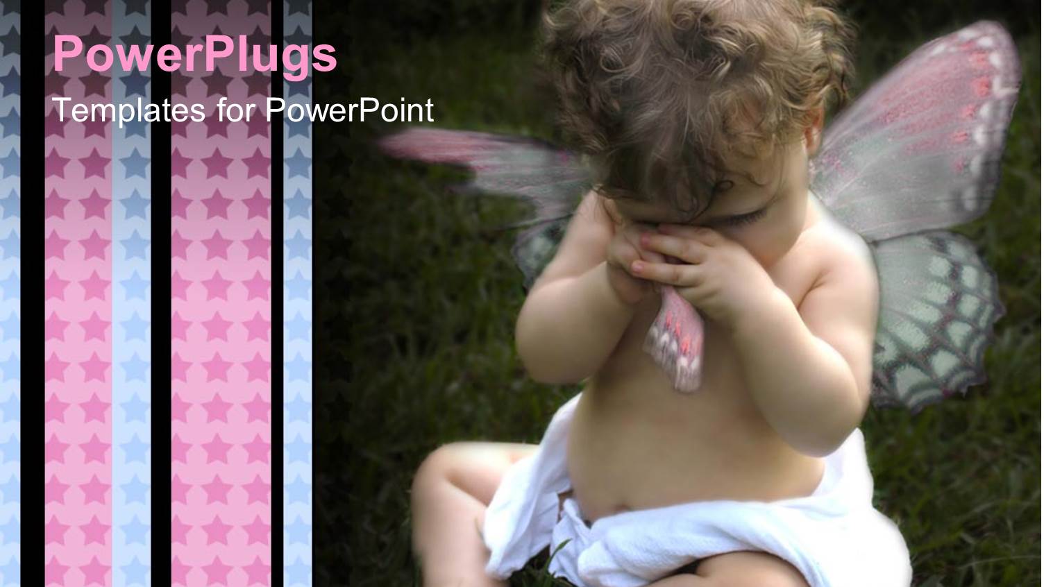 Tearful, Crying Baby Wearing Diaper and Torn Angel Wing, Blue and Pink Stars