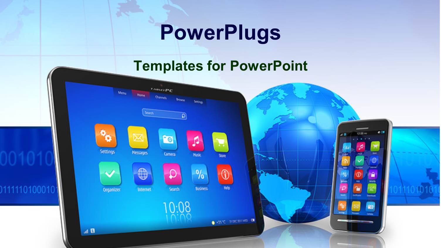 Technology Concept with Tablet, PC, and Touch Screen Smartphone with Blue Earth Globe