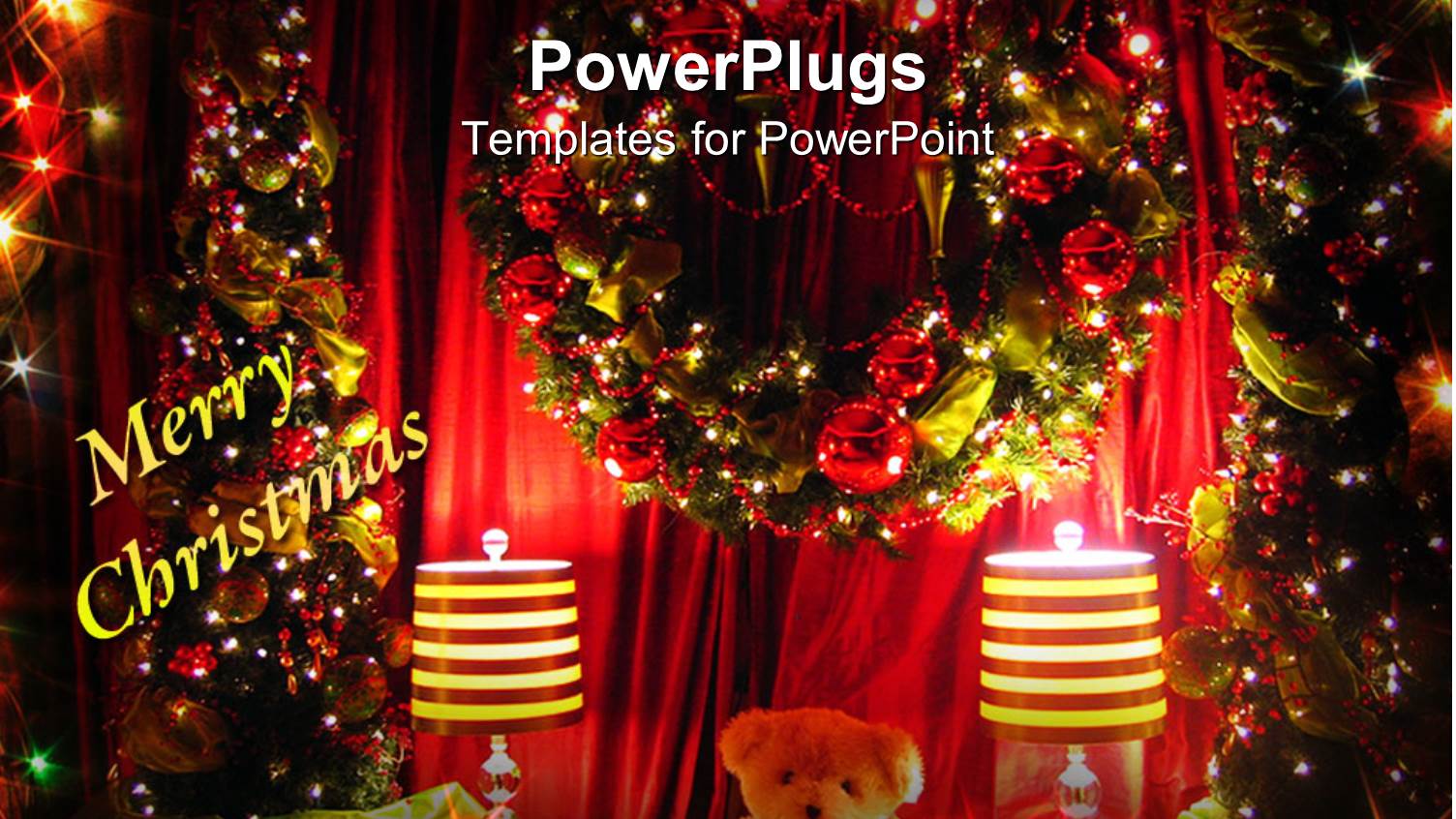 a Teddy Bear with Christmas Celebration Stuff in the Background