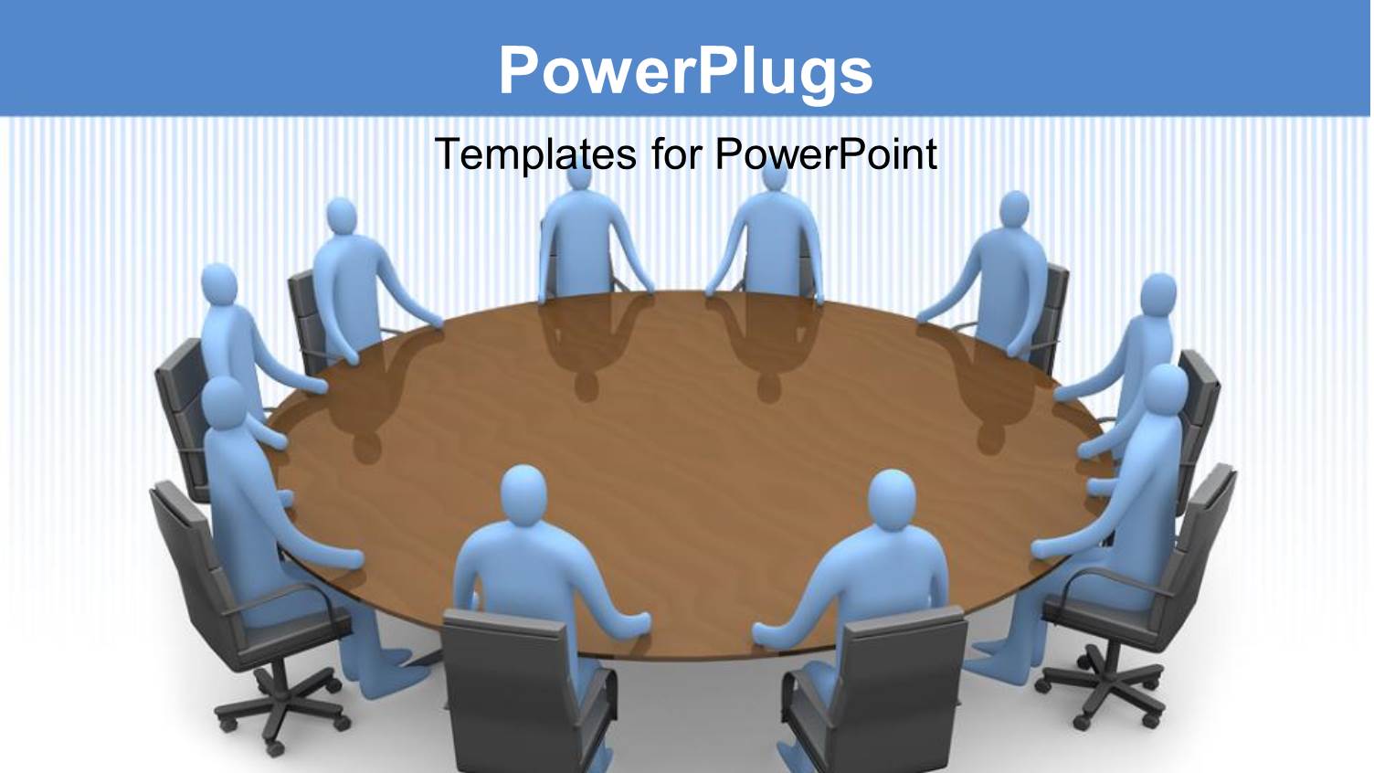 Ten Blue Colored Human Characters Sitting Round a Brown Table