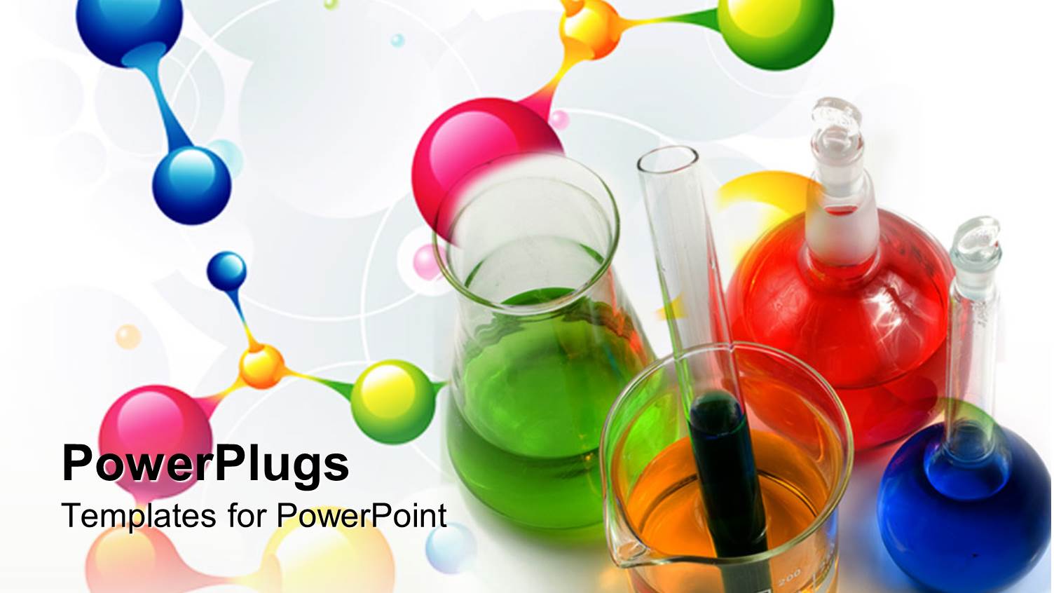 Test Tubes, Flasks and Vials with Various Colored Liquids, Atoms and Molecules on White Background