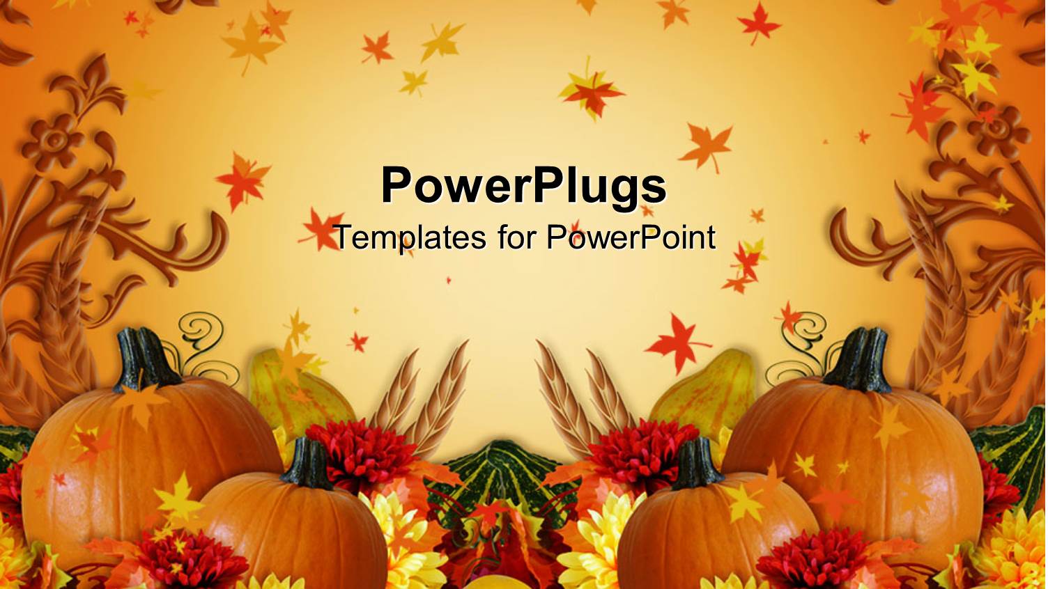 Thanksgiving Harvest Orange Background with Fall Leaves, Pumpkins, Mum Flowers, Grapes, Apples and Gourds