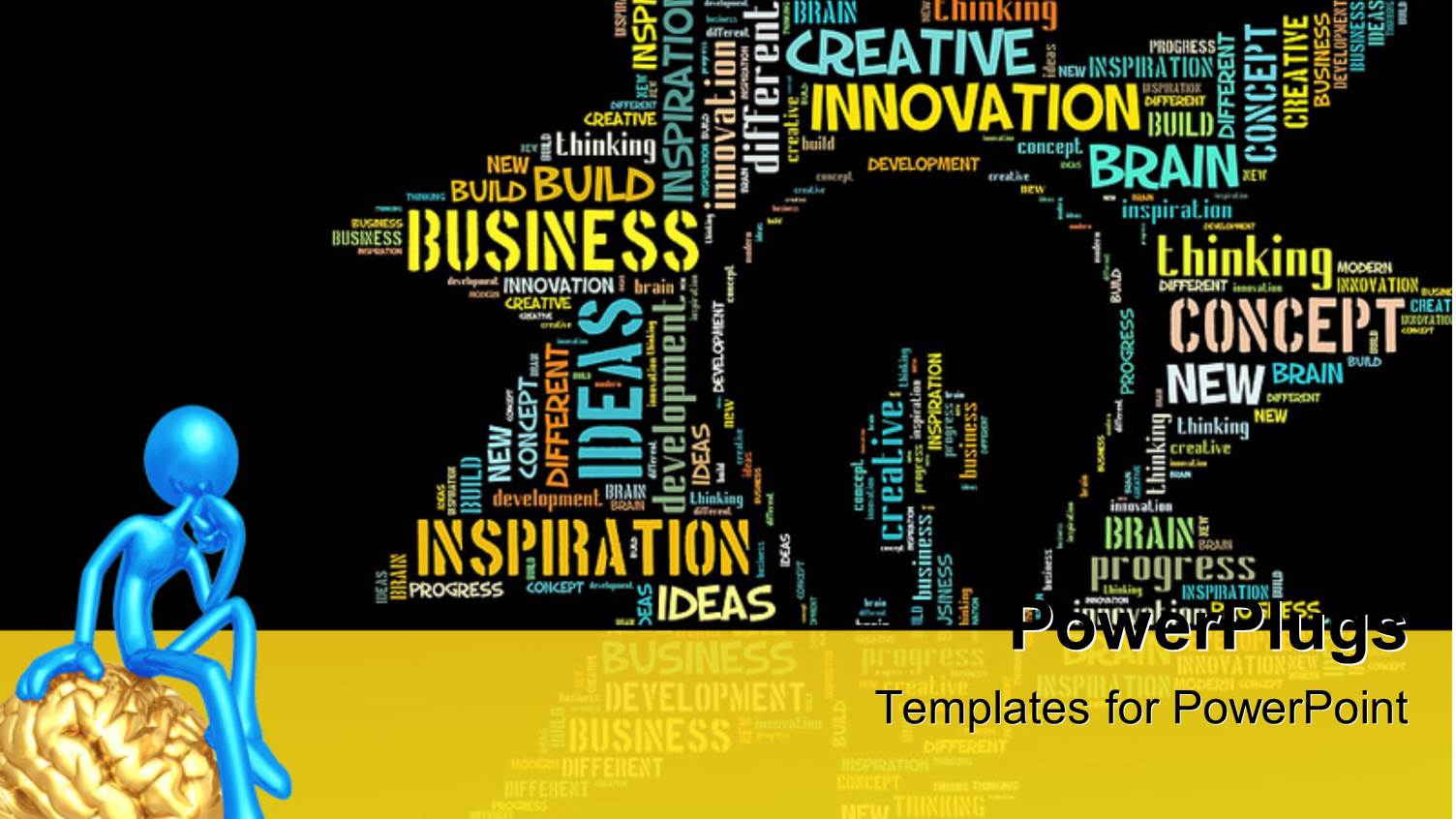 Thoughtful Blue Figure Sitting on Gold Brain Next to Star Shaped Word Cloud