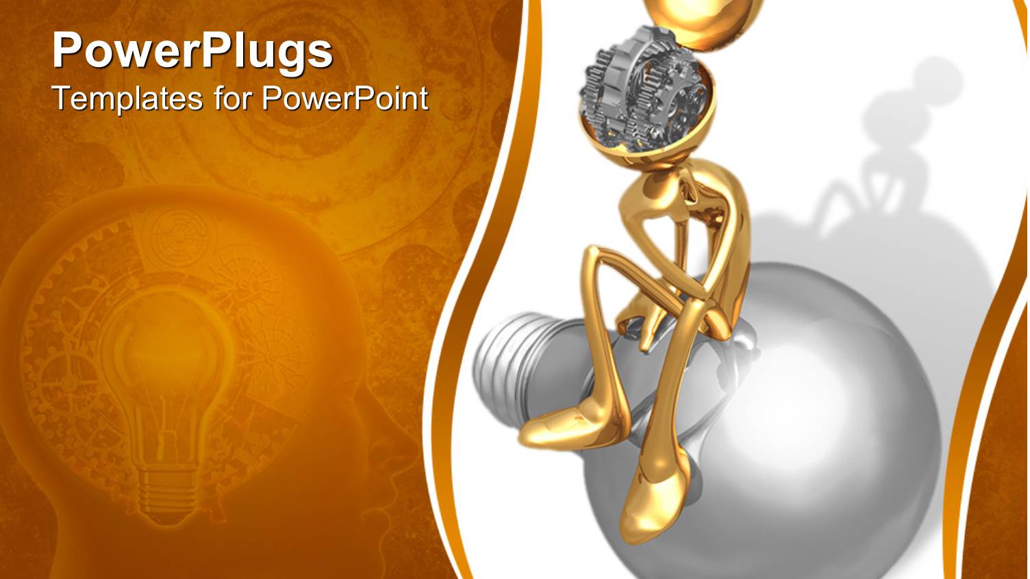 Thoughtful Gold Figure with Open Head Showing Turning Gears Sits on Silver Lightbulb