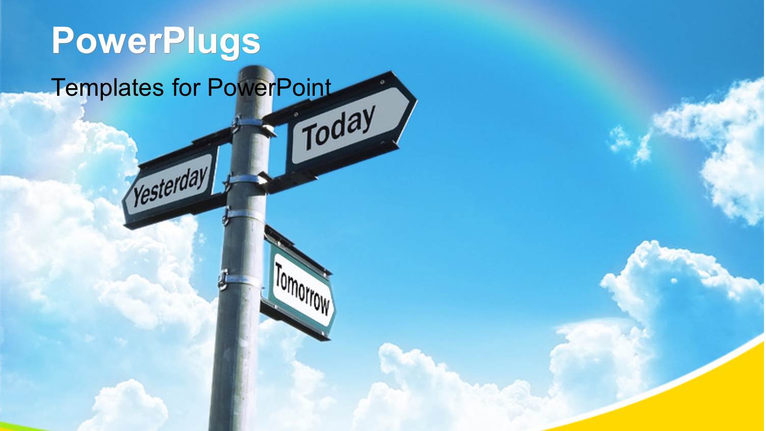 Three-way Sign Pointing to Yesterday, Today and Tomorrow with Beautiful Rainbow and Sky in the Background