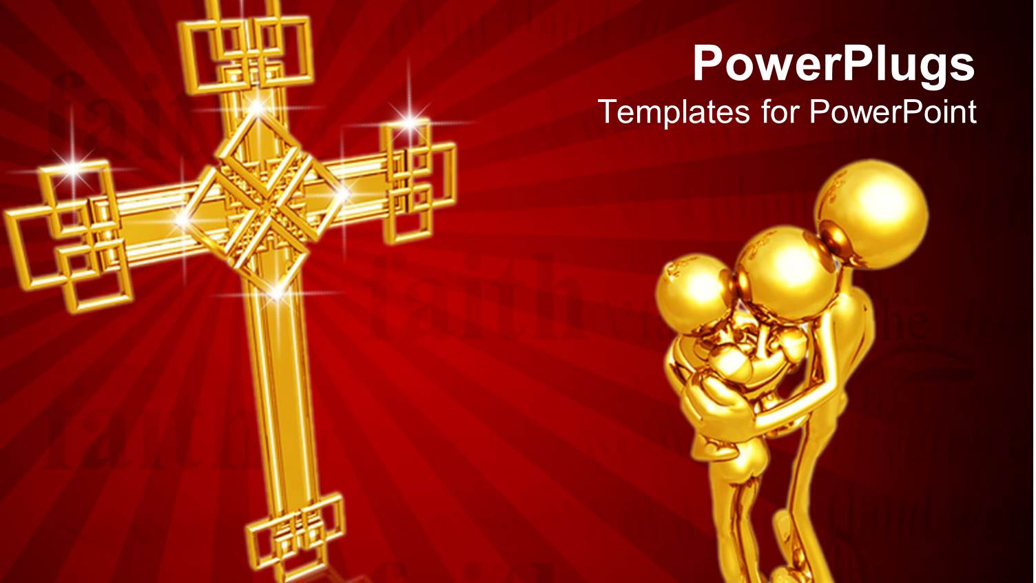 Three 3D Human Characters Holding Themselves with a large Gold Cross in Front of them