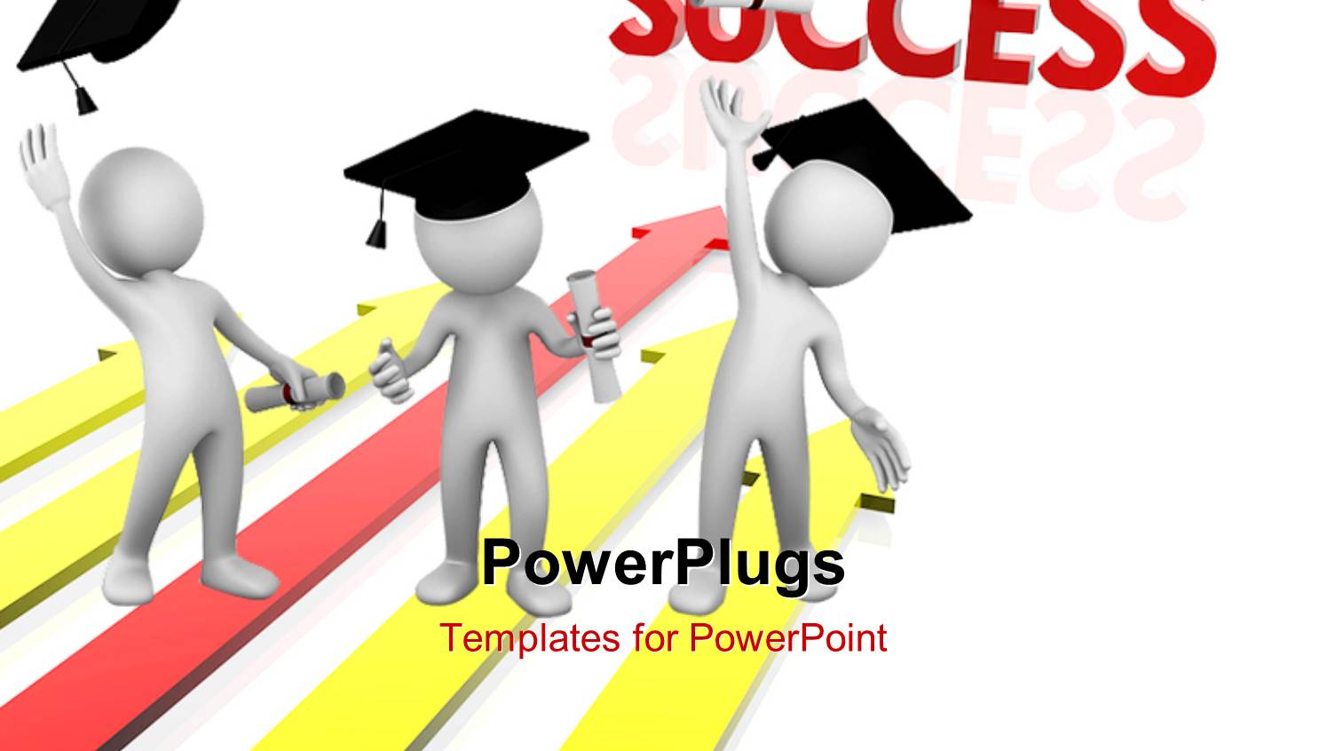 Three 3D Men with Graduation Hats on White Background with Colored Arrows