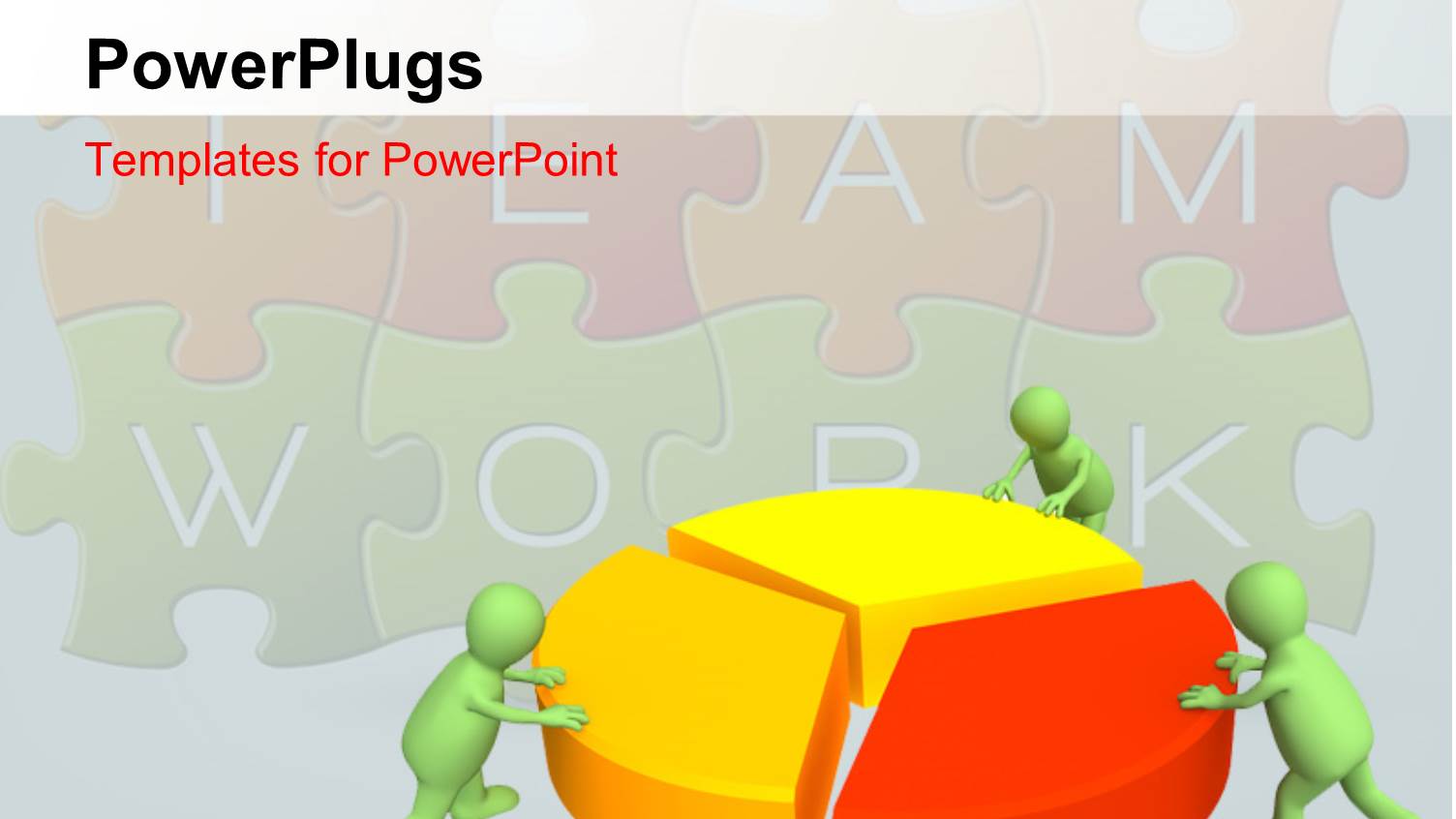 Three 3d Puppets Making the Round Pie Chart with Teamwork Puzzle in the Background