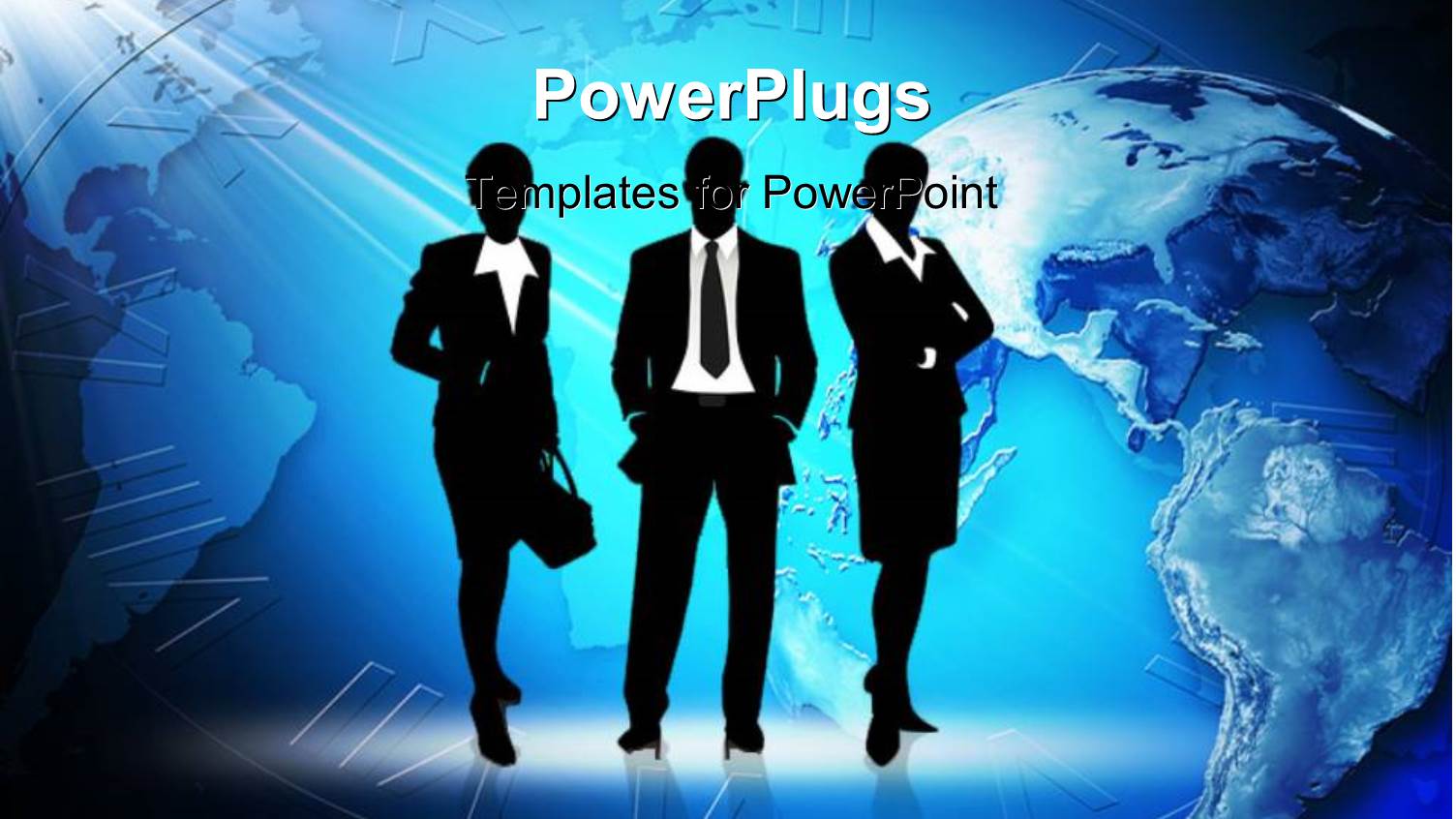 Three Business People Standing Over World Map with Clock in Background