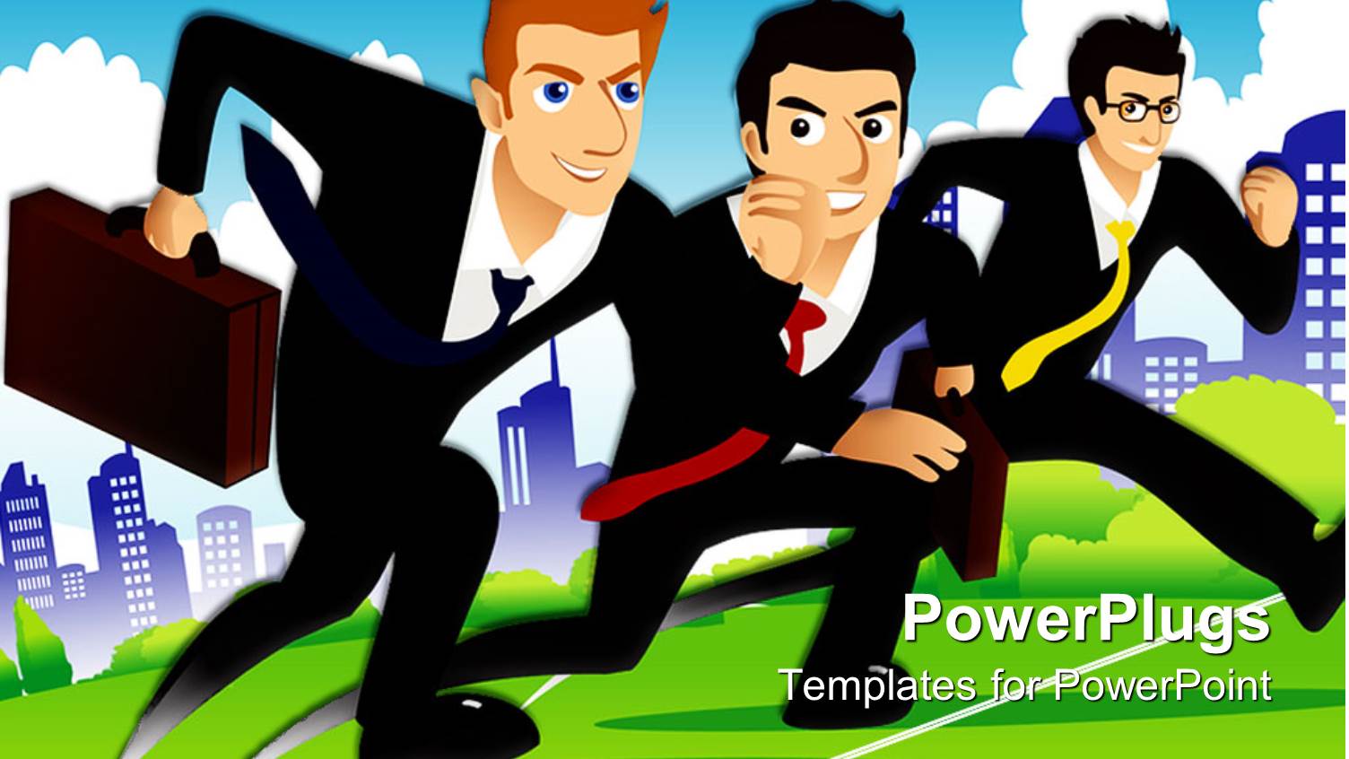 Three Cartoon Businessmen Running Over the Finish Line with City View in the Background