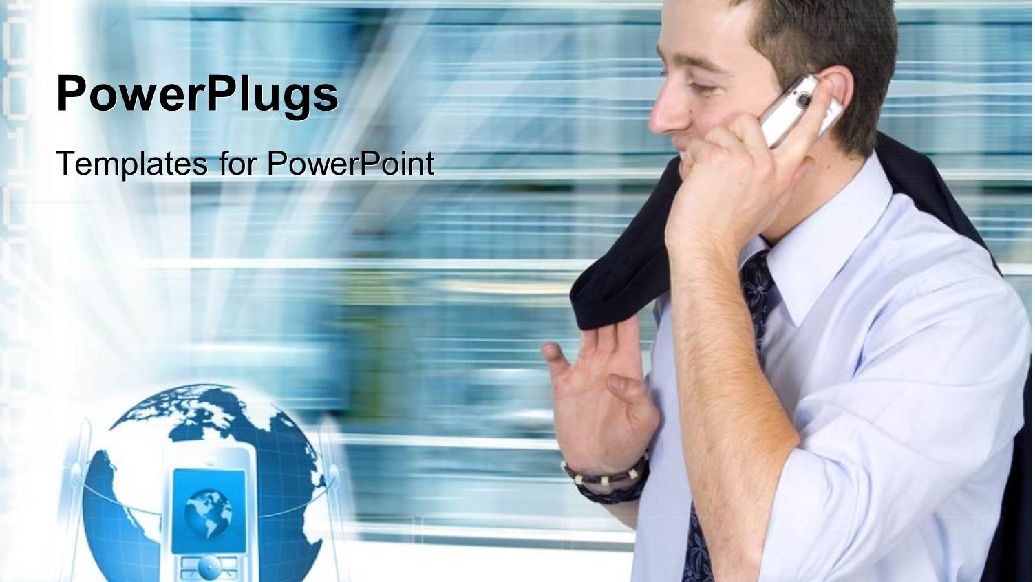 Three Cell Phones Resting on Globe as Business Man Makes Phone Call