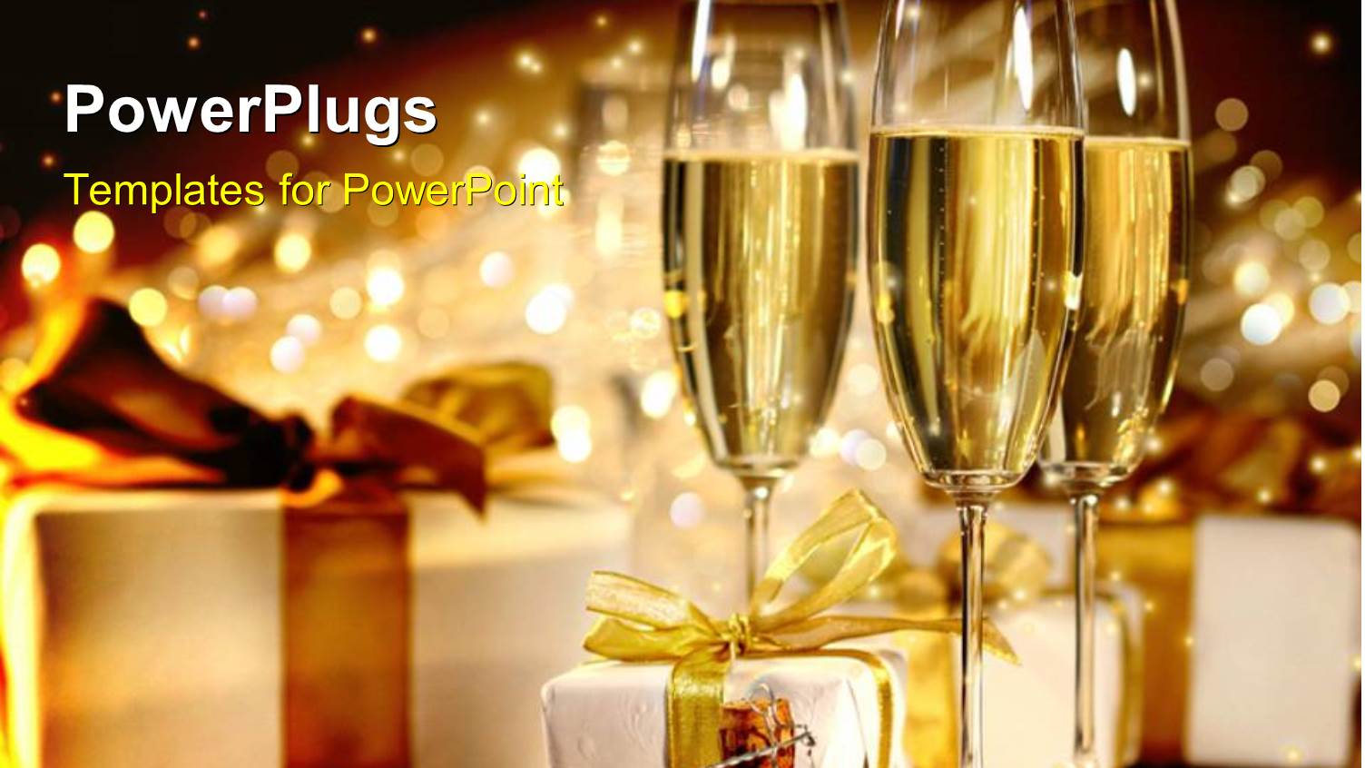 Three Champagne Glasses with Gift Boxes Over Shinny Background 