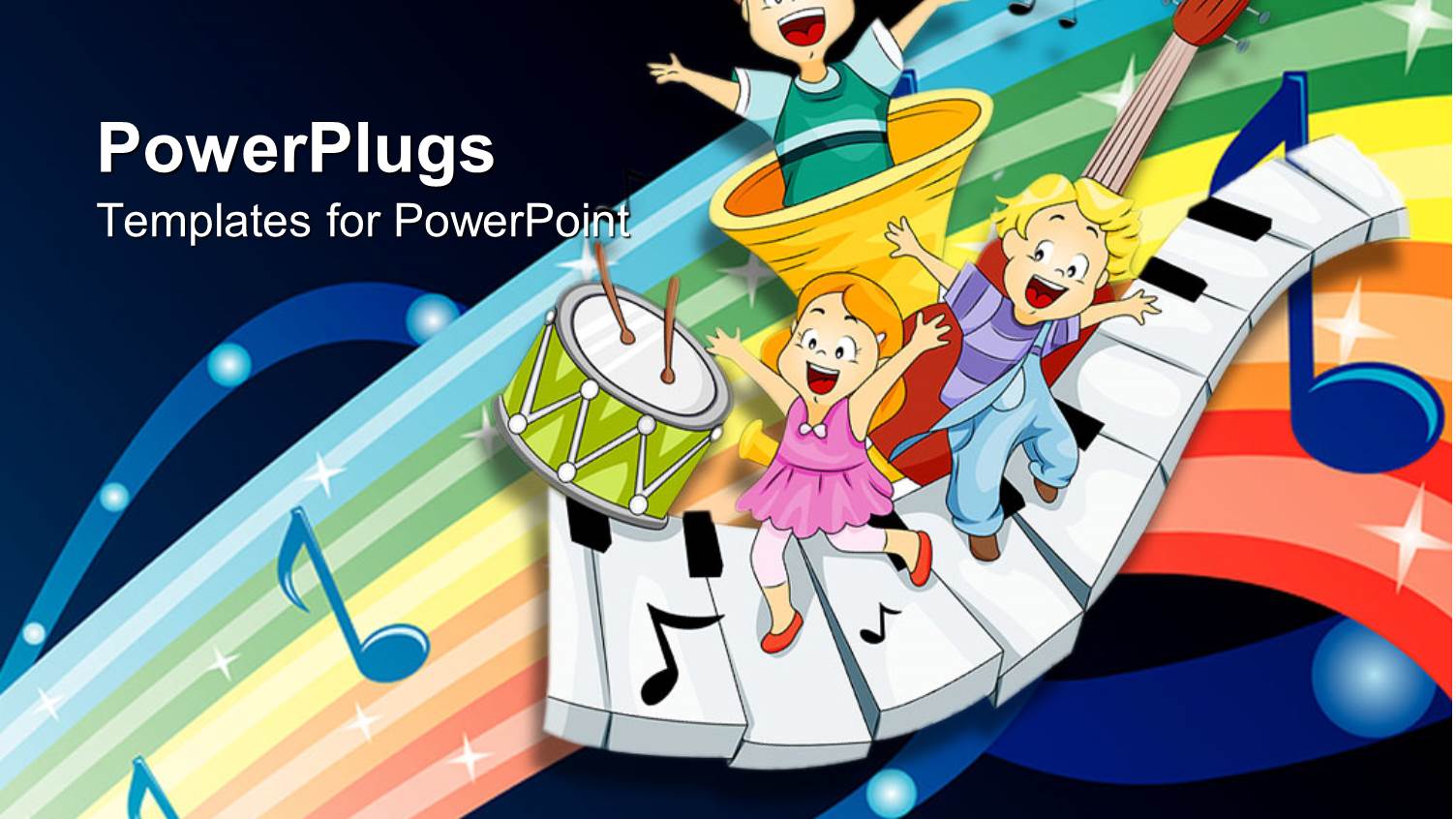 Three Children Dancing and Singing on Musical Instruments, Piano Keys, Drum with Two Drumsticks, Trumpet and Music